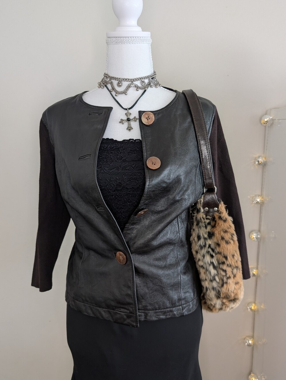 Anne Klein Brown Cardigan with Leather Panels
